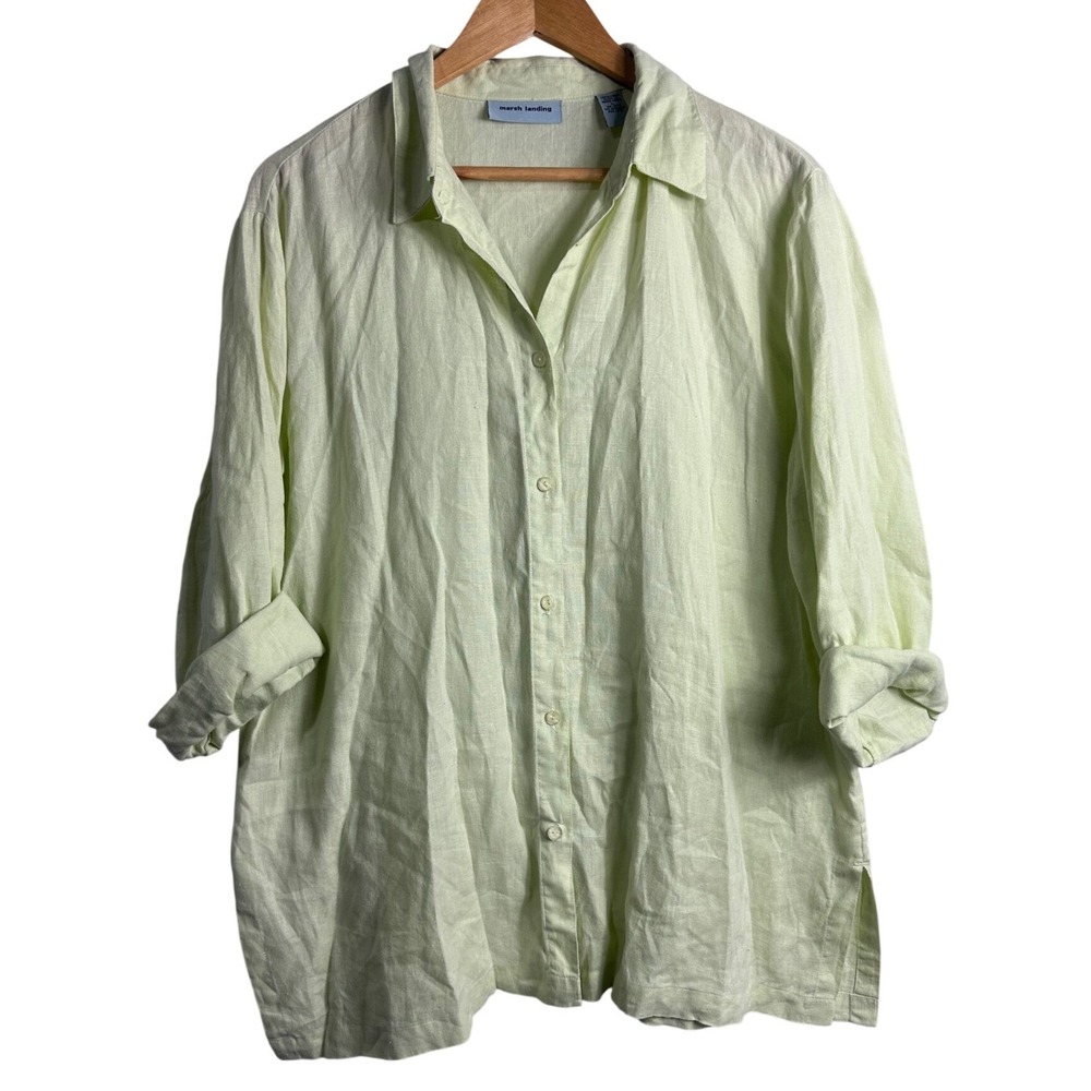Marsh Landing light Lime Green 100% Linen Button up boho beach coastal grandma L